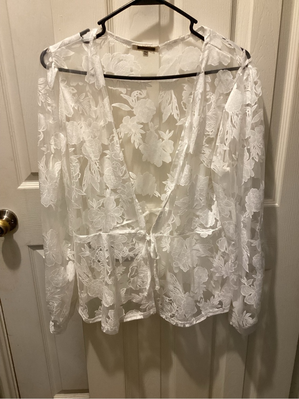 White Sheer Floral Lace Tie-Front Top
